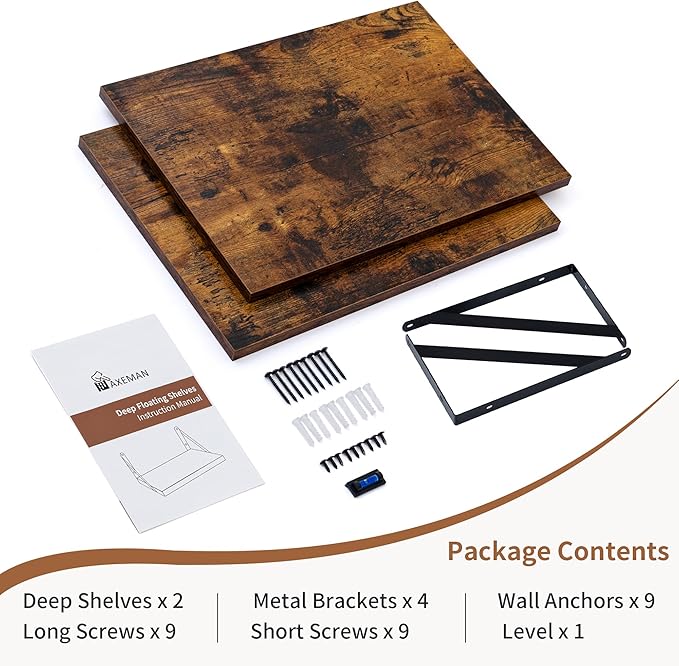 Axeman Deep Floating Shelves for Wall, 16W x 12D Rustic Wood Wall Shelves Set of 2, 12 Inch Deep Large Floating Shelves for Decor & Storage, Hanging Shelves for Farmhouse Kitchen Bathroom Bedroom