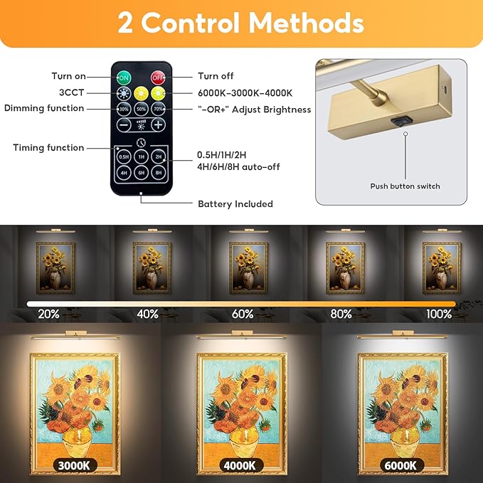 Picture Light for Wall Battery Operated, 20" Rechargeable Art Light with Remote and Timer for Painting, 9000mAh Wireless Wall Light for Display, Artwork, Portrait, Gallery, Bronze