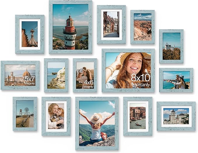 Vittanly 15 Pack Picture Frames Collage Wall Decor for Mounting or Tabletop Display, Gallery Frame Set for Family, Multi Sizes Including 3pcs 8x10, 6pcs 5x7, 6pcs 4x6, Rustic Blue
