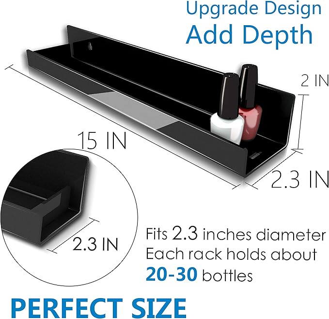 4 Pack 15 Inch Black Acrylic Shelves, Black Kids Floating Bookshelf for Kids Room, Modern Nail Polish Rack Sunglasses Essential Oil Picture Ledge Display Toy Storage Wall Shelf