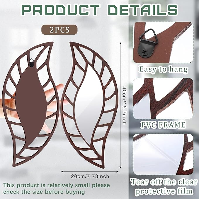 Roowest 2 Pcs Decorative Mirror Wall Decor Leaf Teardrop Mirror Wall Mounted Decorations for Living Room Bedroom Bathroom Vanity Entryway Office(Brown)