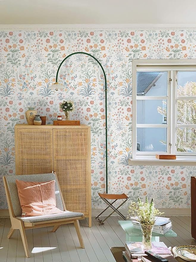 Floral Peel and Stick Wallpaper Vintage Wallpaper Colorful Wall Paper Wildflower Contact Paper for Cabinets Vinyl Renter Friendly Waterproof Self-Adhesive Bathroom Kitchen Bedroom 78.7