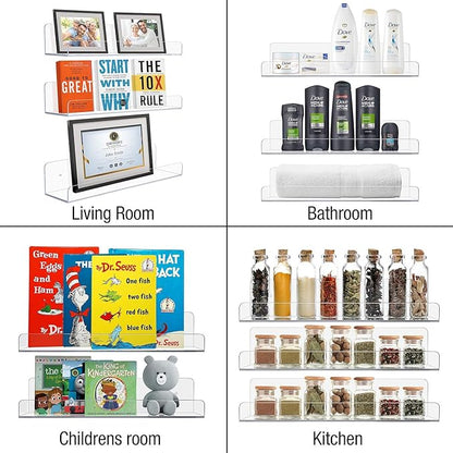 Sorbus Acrylic Wall Ledge Floating Shelf Rack Organizer, Invisible Display Style, for Books, Figurine, Picture Frame Storage, Wall Mounted Shelves for Home, Bathroom, Nail Salon, Spa (15 x 4.3 x 3'')