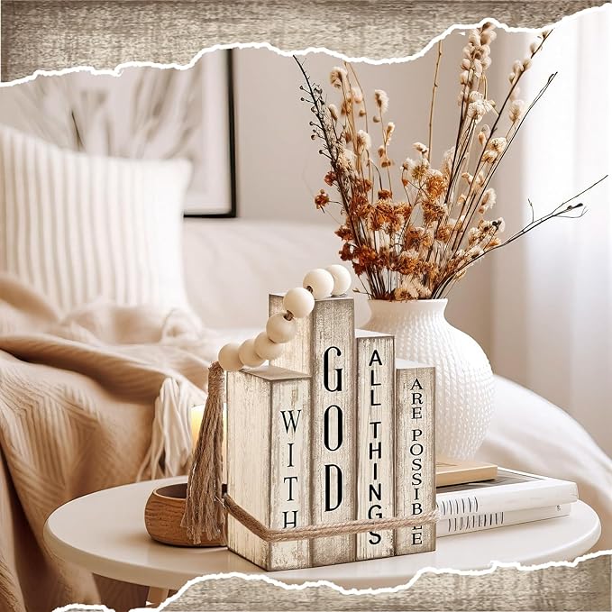 4 Pcs Christian Table Decor Wooden Book Stack Decor with God All Things are Possible Farmhouse Centerpiece with Beaded Garland Tassel Christian Home Decorations for Office, Shelf, Gift