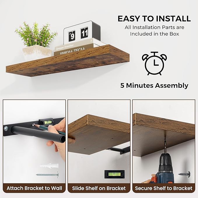 Dreamland 48 Inches Floating Shelves for Wall, 9.3 Inch Deep Floating Shelves Set of 2, Large Display & Storage Shelf, Wall Shelf for Bathroom Bedroom Living Room Kitchen Office,Rustic Brown