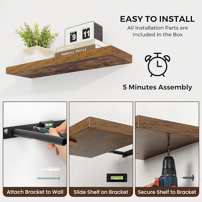 Dreamland 48 Inches Floating Shelves for Wall, 9.3 Inch Deep Floating Shelves Set of 2, Large Display & Storage Shelf, Wall Shelf for Bathroom Bedroom Living Room Kitchen Office,Rustic Brown