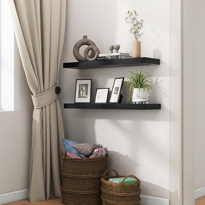 fuqing 30 Inch Floating Shelves for Wall, Black Wood Floating Shelves Set of 2, 30 Inch Wide x 6.7 Inch Deep Wooden Shelves for Living Room Bedroom Bathroom Home Office