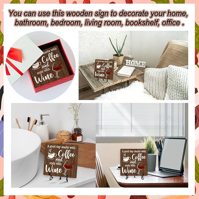 Coffee And Wine Desk Decor Sign, Rustic Wooden Sign With Stand, A Good Day Starts With Coffee And Ends With Wine Sign For Farmhouse Home Kitchen Bar Shelf Table, Gifts For Family Friend Coworker-02