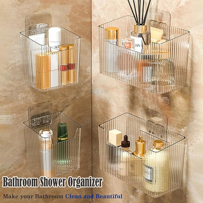 Set Of 2 Storage Organizer Bins Wall Mounted Shower Basket, Shower Caddy Stackable Clear Plastic Makeup Organizer Adhesive Hanging Bin for Bathroom, Kitchen, Cabinet, Pantry, BPA Free, Clear