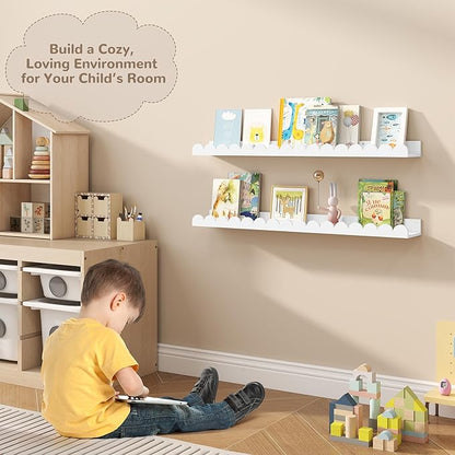 Fun Memories 32 Inch White Floating Shelf, Scalloped Picture Ledge for Nursery, Set of 2, Wall Mounted Book Shelves for Kids Room, Toddler Room