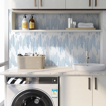 WENMER Blue Striped Wallpaper, Geometric Peel and Stick Wallpaper, 17.7''×118'' Blue and White Contact Paper, Self Adhesive Removable Wall Paper for Bathroom Cabinets Kitchen