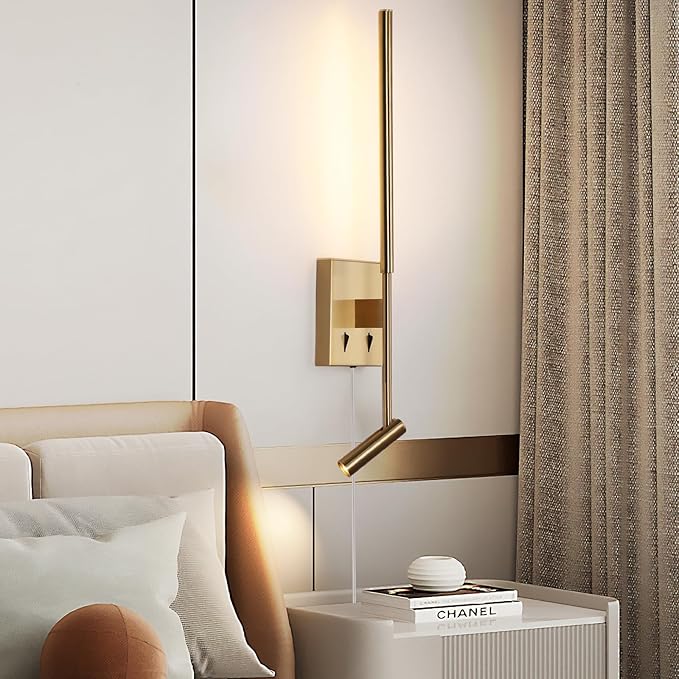 ZEROUNO Modern Plug in Wall Sconce Set of 2, Gold LED Wall Mounted Reading Lamp with Switch, Minimalist Linear Wall Light Fixture with 5.9FT Clear Cord for Bedroom Living Room Hallway Decor