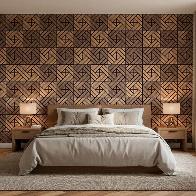 WoveN SounD Artisan Acoustic Wall Panels, 16 Pack 12x12 Inch, Wood Veneer Carved Sound Proof Wall Decor, Self-Adhesive for Home, Studio, Office & Focus Zones, Grid Weave, Teak