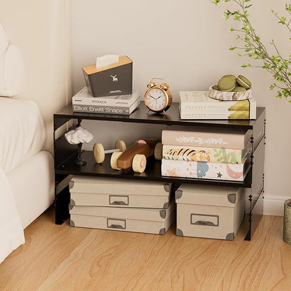Adjustable Metal Bedside Shelf – Stackable Shelf for Bedroom, Living Room, Office, Space-Saving Storage Organizer, Easy Assembly，Sleek Matches Any Decor(2PACKS/Black)