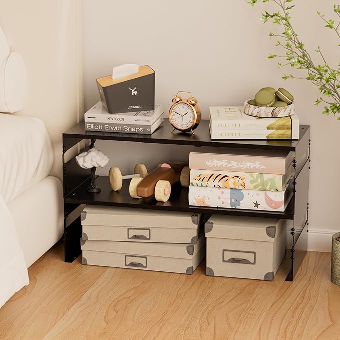 Adjustable Metal Bedside Shelf – Stackable Shelf for Bedroom, Living Room, Office, Space-Saving Storage Organizer, Easy Assembly，Sleek Matches Any Decor(1PACK/Black)