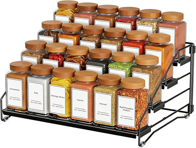 Black Spice Shelf, Tiered Spice Rack Organizer for Cabinet, 4 Tier Countertop Spice Rack, Depth Adjustable Seasoning Organizer for Cabinet