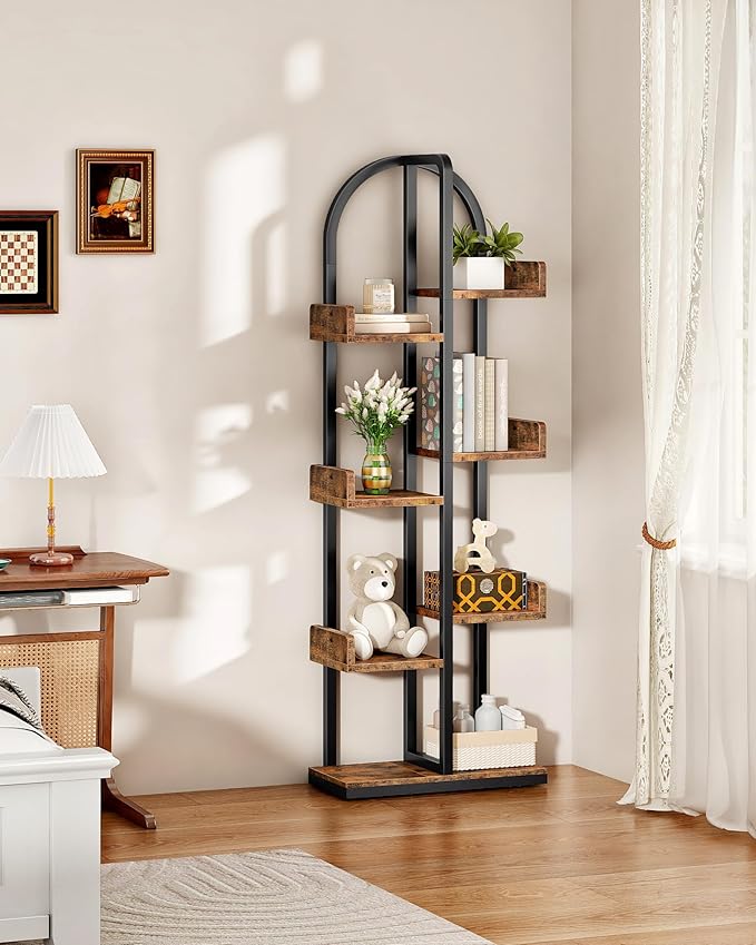 Corner Bookshelf, Curved 6-Tier Bookcase with Anti-Tip Kit, Adjustable Feet and Staggered Shelves for Living Room, Bedroom, Study, Office, Rustic Brown and Black TSJ06BF