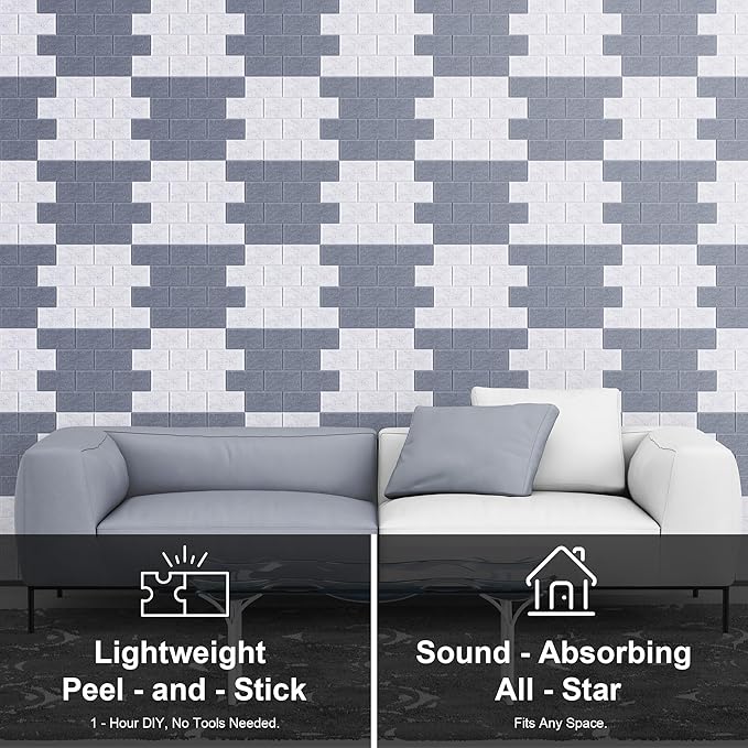 WoveN SounD Brick Acoustic Wall Panels Seamless Visual, High Density, Sound Proof Wall Decor, Noise Blocker Felt Wall Tiles for Home, Studio, Office & Focus Zones (Moon & Silver Gray), 16x12x0.4 Inch