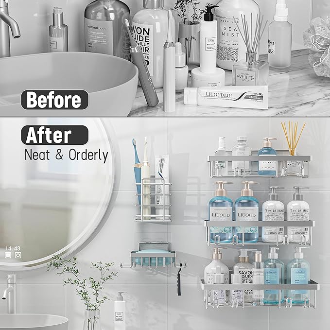 5 Pack Shower Caddy Organizer Rack Shelf for Inside Shower, Self Adhesive Bathroom Wall Storage Basket Rustproof Stainless Steel Large Capacity Shampoo Holder, Silver