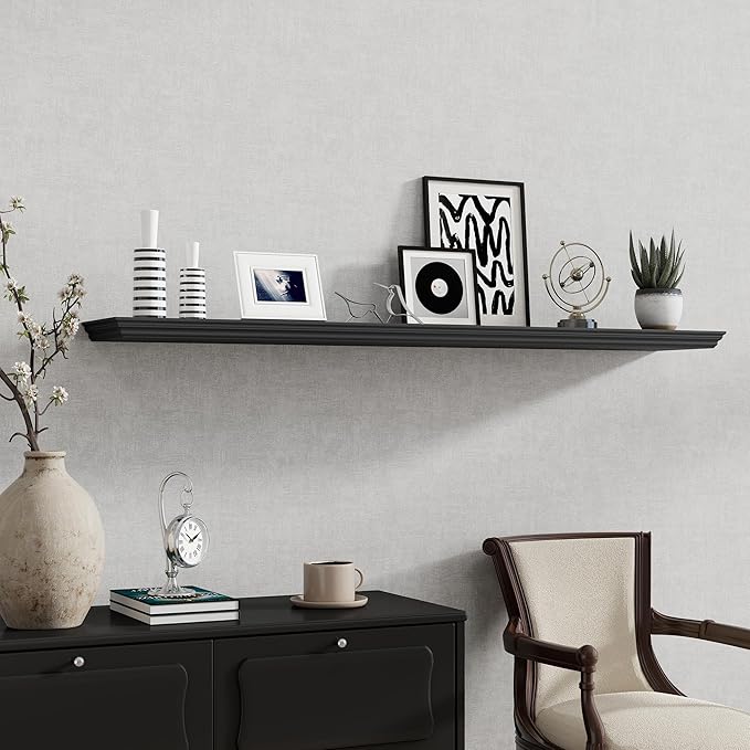 Fun Memories Floating Shelves 55 Inch Long, 9.3 Inch Deep Classic Crown Molding Floating Shelves for Wall, Rustic Wooden Shelves for Wall Decor Bathroom, Kitchen, Office, (Black, 1Pack)