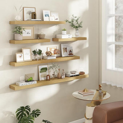 32 Inch Floating Shelves | 6.5 Inch Deep Oak Floating Shelves Set of 2 | 32" W x 6.5" D Rustic Oak Shelves with Invisible Brackets for Bathroom Living Room Bedroom