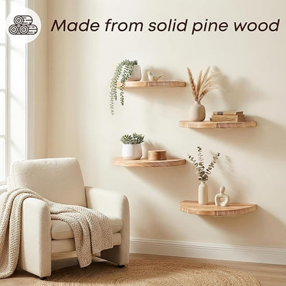 Small Wood Floating Shelves (4-Pack, 8-inch Diameter) - Round Sturdy Invisible Wall Mount Display for Small Plants,Toys,Bathroom,Living Room Storage & Modern Rustic Décor (Carbonized Brown)
