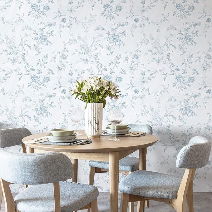 Ismoon Blue Wallpaper Peel and Stick Floral Vintage Stick on Wall Paper French Textured Contact Paper for Cabinet Removable Self Adhesive Wallpaper Vinyl Roll Shelf Deco, 17.3x393in