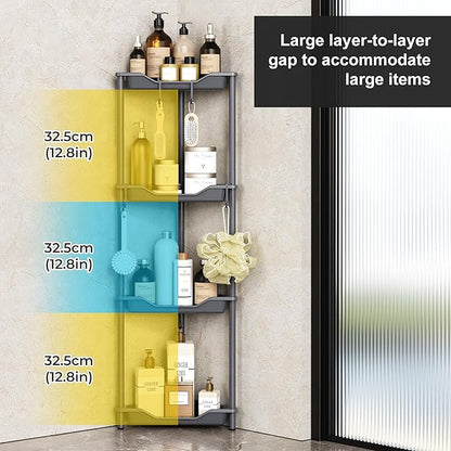Orimade Rustproof 4 Tier Floor Standing Corner Shower Caddy Organizer, Plastic Metal Splicing Floor Corner Shelf Rack Storage Stands for Bathroom,10.8 x 10.8 x 44.6 inches, Grey
