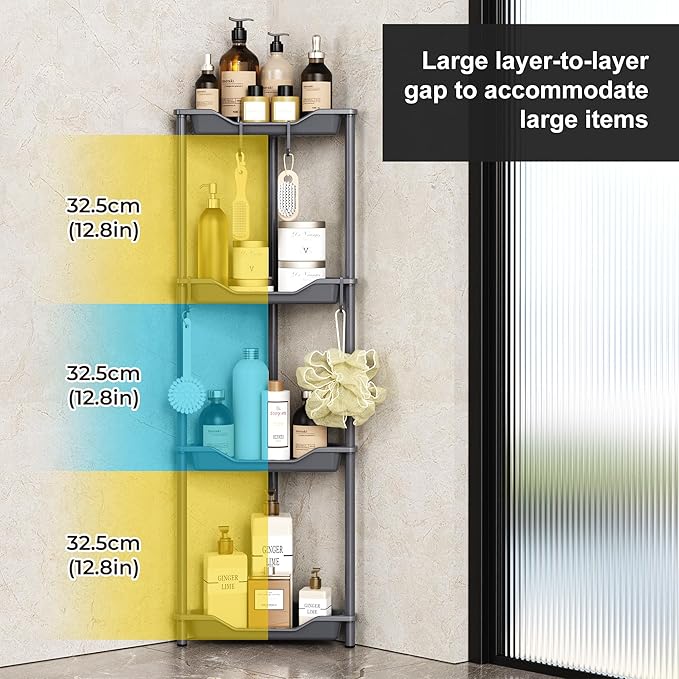 Orimade Rustproof 4 Tier Floor Standing Corner Shower Caddy Organizer, Plastic Metal Splicing Floor Corner Shelf Rack Storage Stands for Bathroom,10.8 x 10.8 x 44.6 inches, Grey