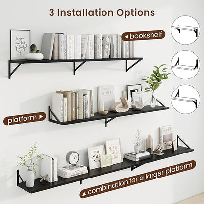 Axeman Deep Floating Shelves | 55 Inch Black Wall Shelves Set of 2 | 10 Inch Deep Wood Floating Shelves for Wall | 55" W x 10" D Black Shelves for Living Room Bathroom Kitchen