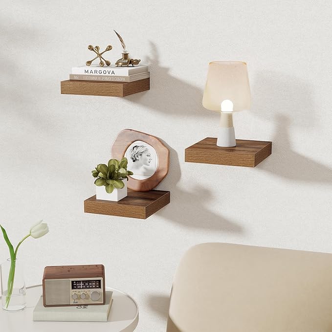 Fun Memories Small Floating Shelves for Wall - 8 Inch Square Wall Shelves with Invisible Brackets, Walnut Shelves for Bathroom, Living Room, Bedroom, and Kitchen Decor, Set of 3