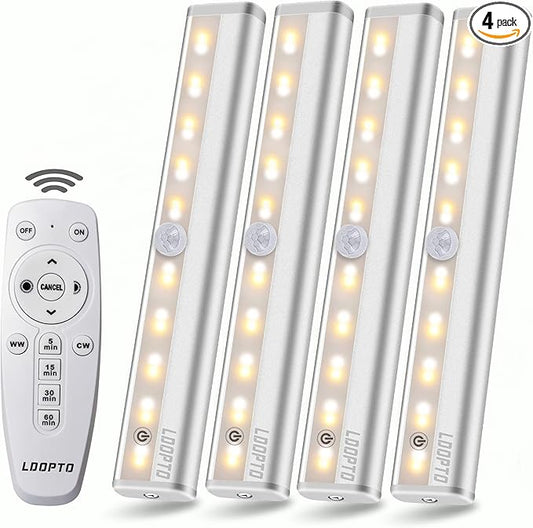 LDOPTO Under Cabinet Lights Wireless with Remote Control Dimmable Battery Operated LED Closet Lights Stick-on Kitchen Lighting with Timer for Kitchen Shelf Hallway Stairs, Multiple Colors 4 Pack