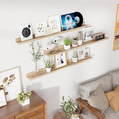 RICHFOCUS Floating Shelves for Wall, 48 inch Solid Wood Picture Ledge Shelf for Wall Storage, Nursery Book Shelves with Lip for Living Room Bathroom Bedroom Kitchen, Set of 3, Carbonized Black
