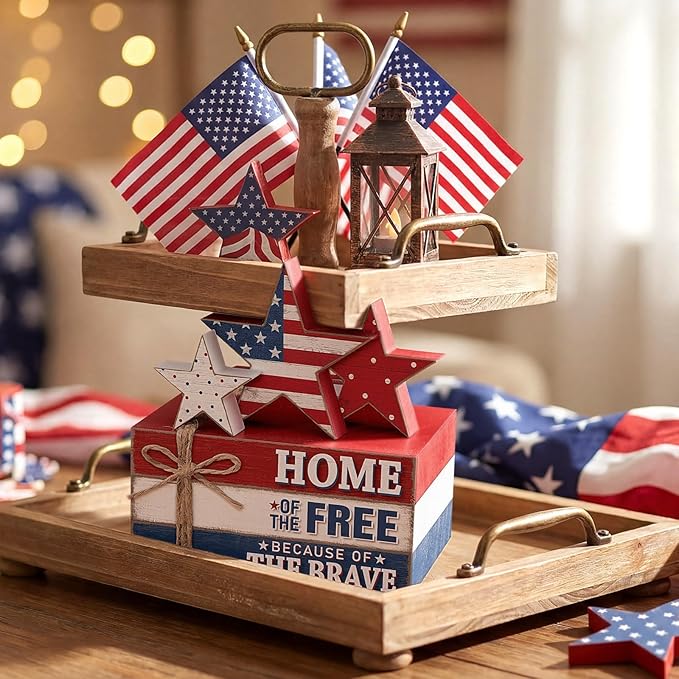 Geelin 4 Pcs Memorial Day Patriotic Wooden Book Stack Decorations, Tabletop Book Sign Ornaments with American Flag Stars, Rustic Red White Blue Tiered Tray Decor for Home, Office, Independence Day
