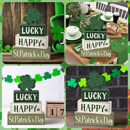Marsui 4 Pcs St. Patrick's Day Decorations Shamrock Wooden Signs Green Irish Tabletop Centerpieces rustic Distressed Shamrock Blocks St Patricks Day Decor for Home Table Kitchen Shelf Tiered Tray