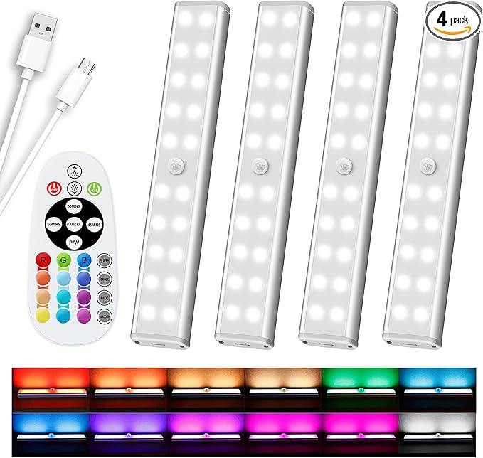 Diomart 48 LED Under Cabinet Lighting Wireless, 15 Colors Changeable Rechargeable RGB Under Cabinet Lights Remote Control Under Counter Lights Mini Night Light Bar for Indoor Display Shelf, 4 Pack