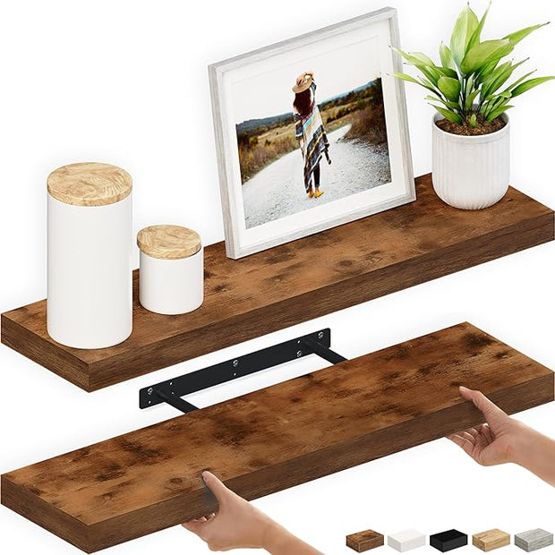 Ballucci Floating Shelves, 36" Wood Wall Shelf Set of 2, with Invisible Brackets for Bathroom, Living Room, Bedroom, Kitchen, Nursery, 6" Deep, Rustic Brown
