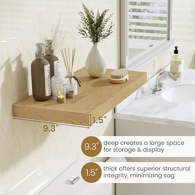 Fun Memories 48 Inch Floating Shelves, 9.3 Inch Deep Wall Shelves for Bathroom, Living Room, Bedroom, Kitchen, Deep Long Shelf Wall Mounted 2 Pack Shelf for Books, Decor, Oak