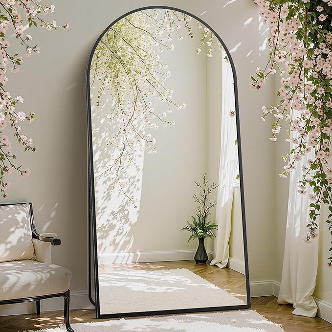 DUMOS Arched Full Length Mirror with Stand Floor Standing Aluminum Frame for Bedroom Body Hanging Leaning Modern Simple Home Decor Shatter-proorf Nano Glass Wall Living Room Natural Black, 70.4"x25.6"
