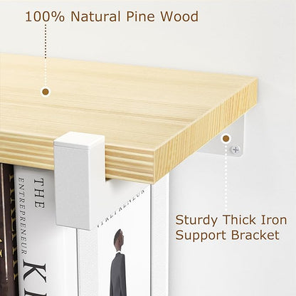 2 Set of Floating Bookshelf with White Shelf Brackets, Pine Wood Invisible Bookshelf, Hanging Bookshelves for Wall, Unique Space Saving Wall Bookcase, White(16.5L×8.7W×1.5H)