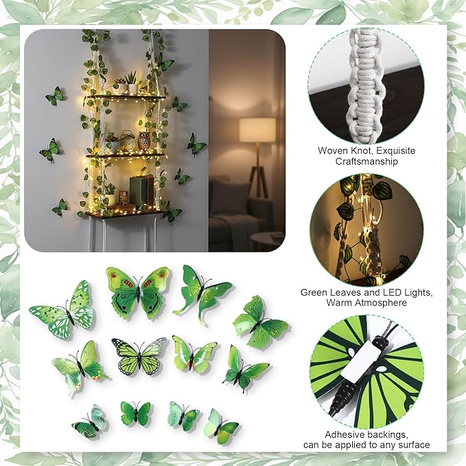 Novabright 3 Tier Macrame Wall Hanging Shelves with Artificial Ivy Leaves and Light, 36 3D Green Butterfly Wall Stickers, Wooden Floating Hanging Storage Shelves for Forest Room Decor