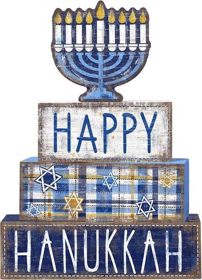 DIYDEC 4Pcs Hanukkah Table Decoration Happy Hanukkah Wooden Block Wooden Menorah Decoration Chanukah Table Centerpiece Sign Jewish New Year Decor for Holiday Gifts Tabletop Fireplace Shelf Desk Party
