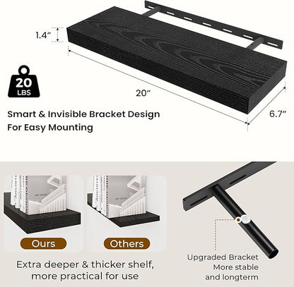 Dreamland 20 Inch Long Floating Shelves in Black,6.7 Inch Deep Floating Shelf for Wall,Large Display & Storage Shelf, Wall Shelf for Bathroom Bedroom Living Room Kitchen Office，Set of 2
