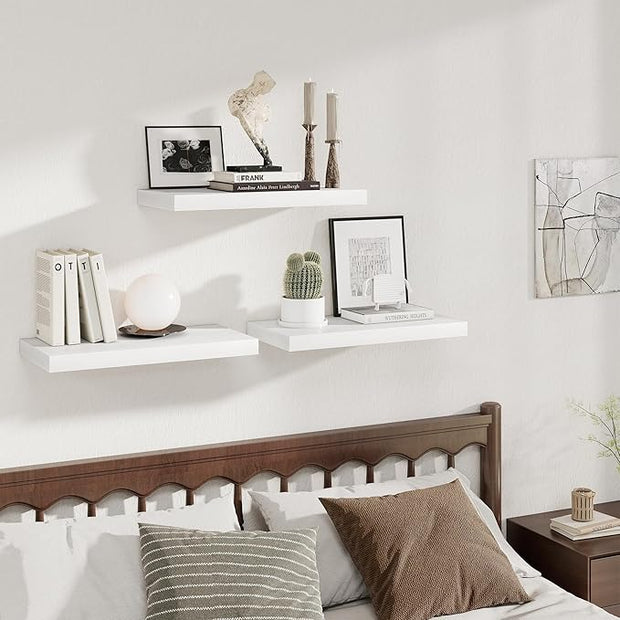 Fun Memories 24 x 12 Inch Deep Floating Shelves, 12 Inch Deep Rustic Wooden Book Shelf, Extra Deeper & Thicker Hanging Shelves for Living Room, Bathroom, Bedroom, Kitchen, Office, Set of 3 (White)