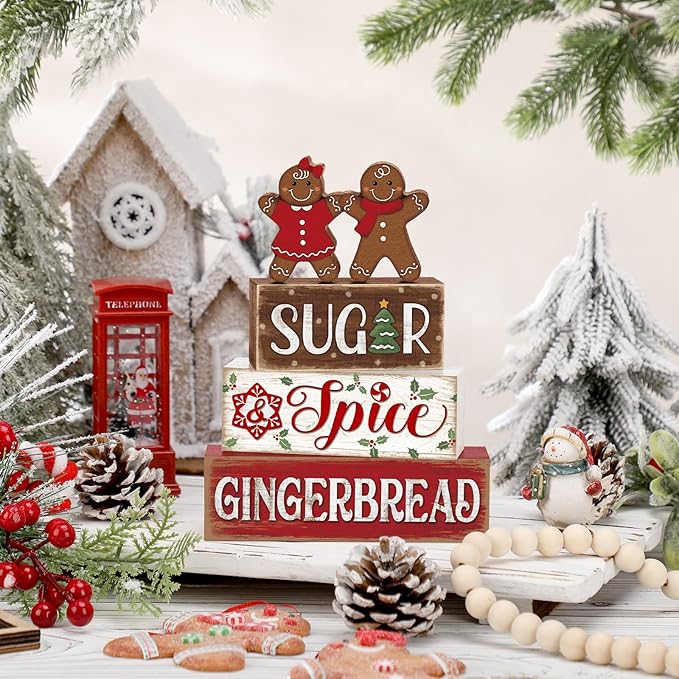 Marsui 4 Pcs Christmas Gingerbread Table Decorations Gingerbread Man Wooden Sign Blocks Rustic Xmas Tiered Tray Decor Farmhouse Holiday Christmas Decorations for Home Indoor Office Desk Mantle Shelf