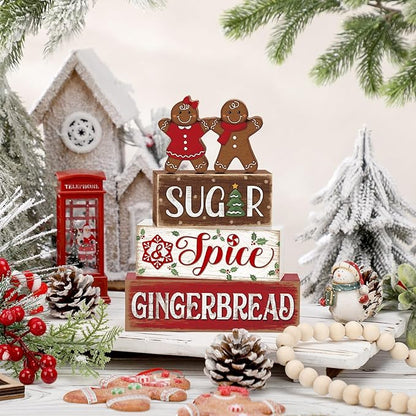 Marsui 4 Pcs Christmas Gingerbread Table Decorations Gingerbread Man Wooden Sign Blocks Rustic Xmas Tiered Tray Decor Farmhouse Holiday Christmas Decorations for Home Indoor Office Desk Mantle Shelf