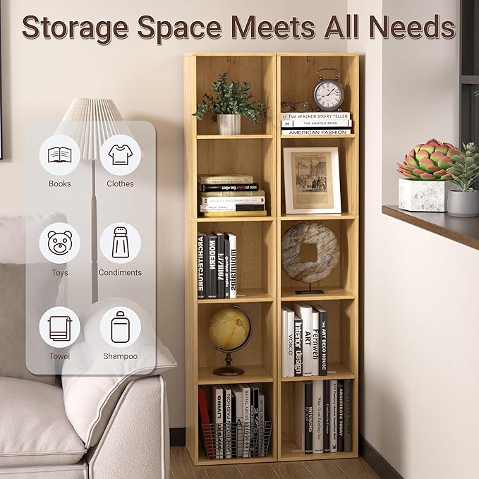 5 Cube Storage Organizer, 5 Tier Cube Low Bookcase Freestanding Storage Display Organizer, Five-Cubes Open Shelf Bookshelf for Home Office (Oak, 5-Cube)
