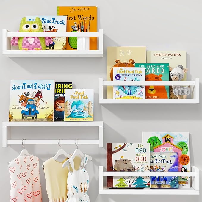 Fixwal Nursery Book Shelves, 16.5 Inch Floating Bookshelves for Nursery & Playroom Decor, Set of 4, Solid Wood Wall Mounted Shelves for Books and Toys Storage (White)