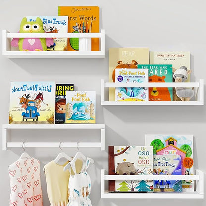 Fixwal Nursery Book Shelves, 16.5 Inch Floating Bookshelves for Nursery & Playroom Decor, Set of 4, Solid Wood Wall Mounted Shelves for Books and Toys Storage (White)