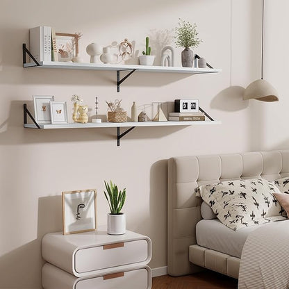 Deep Floating Shelves,55" Wx10 D Wood Wall Shelves Set of 2,Long Wood Floating Shelf with Metal Brackets,Floating Bookshelf for Living Room,Kitchen,Office,Bedroom,Decor Storage,White
